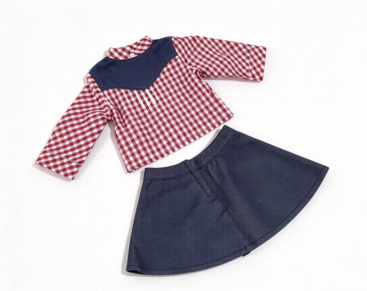 Plaid Fringe Shirt & Denim Skirt for 18'' Doll Maryellen Cowgirl Costume Outfit