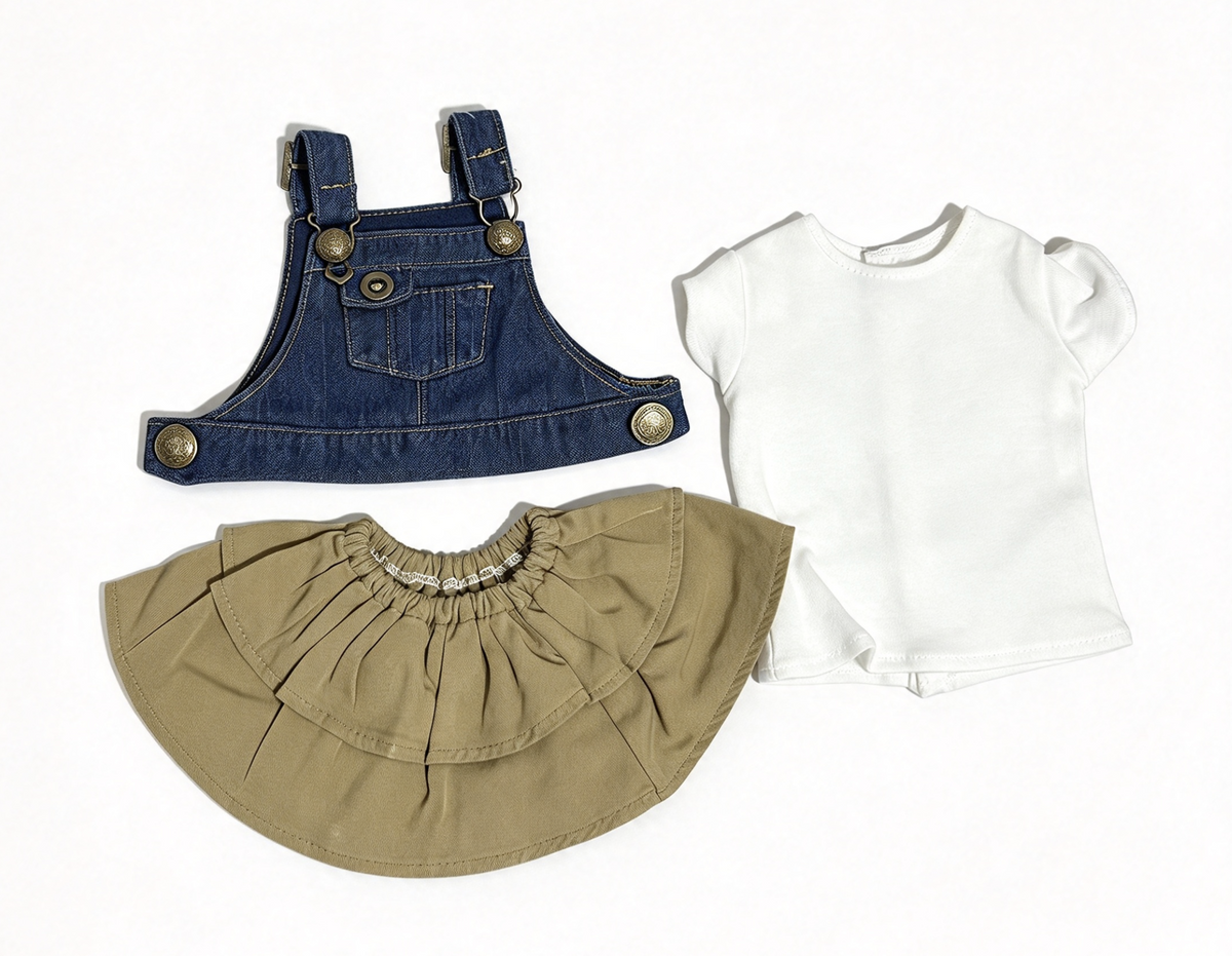 Denim Overall Top With White T-Shirt & Tiered Khaki Skirt FOR 18'' DOLL