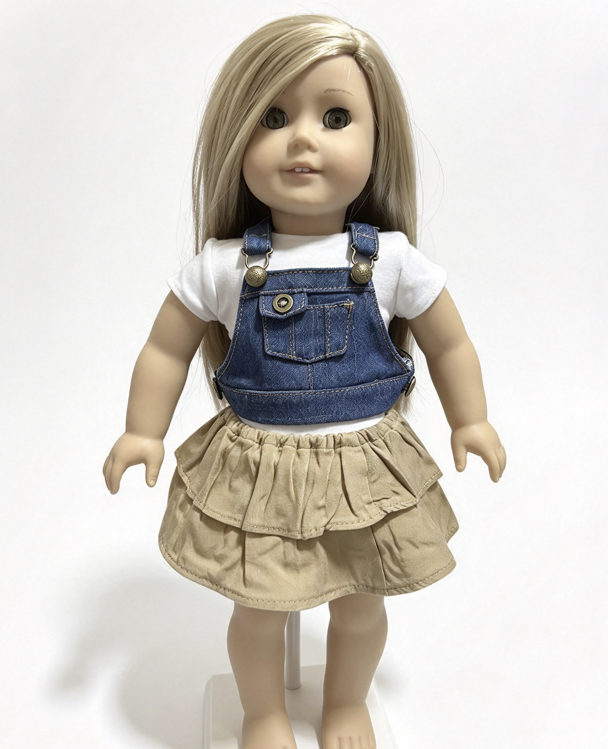 Denim Overall Top With White T-Shirt & Tiered Khaki Skirt FOR 18'' DOLL