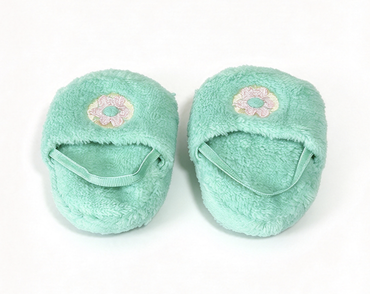 Green Fuzzy Slippers With Embroidered Flower FOR 18'' DOLL