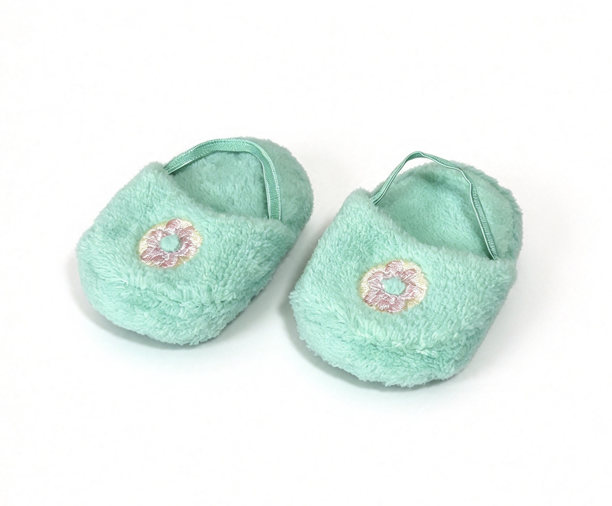 Green Fuzzy Slippers With Embroidered Flower FOR 18'' DOLL