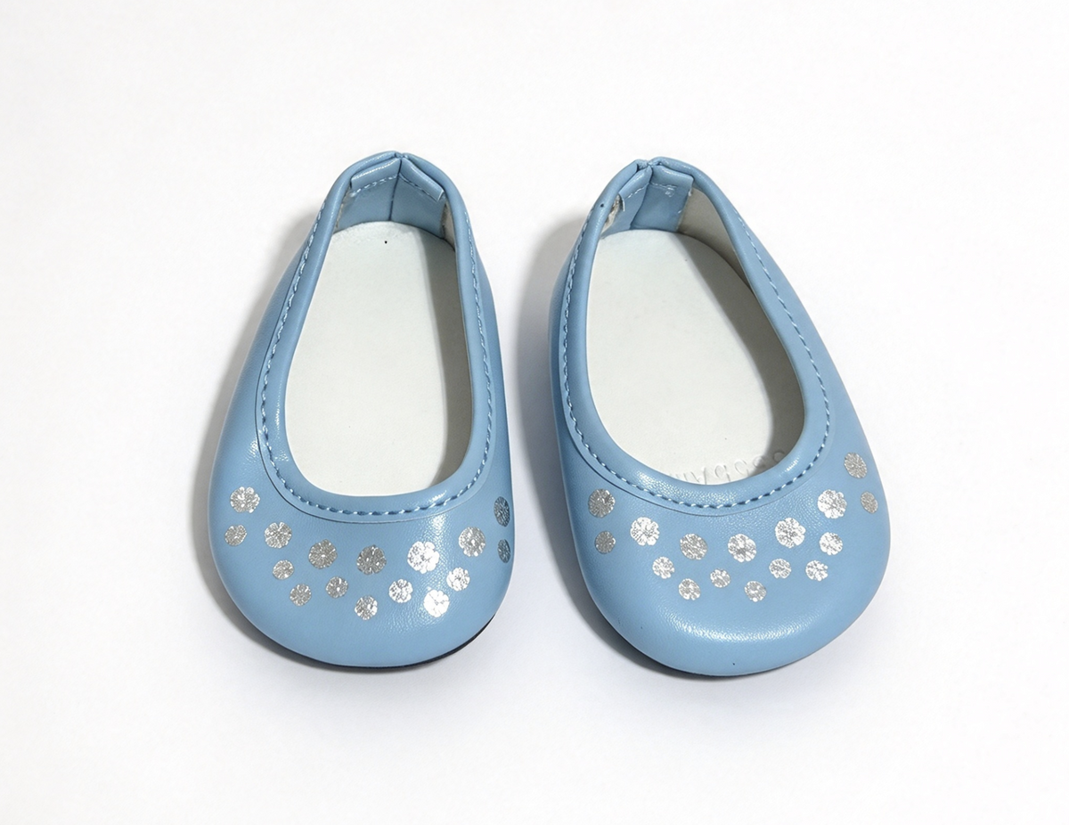 Light Blue Flat Shoes With Silver Floral Print FOR 18'' DOLL