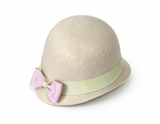 Beige Wool Cloche Hat With Green Ribbon & Pink Bow FOR 18'' Doll Accessory