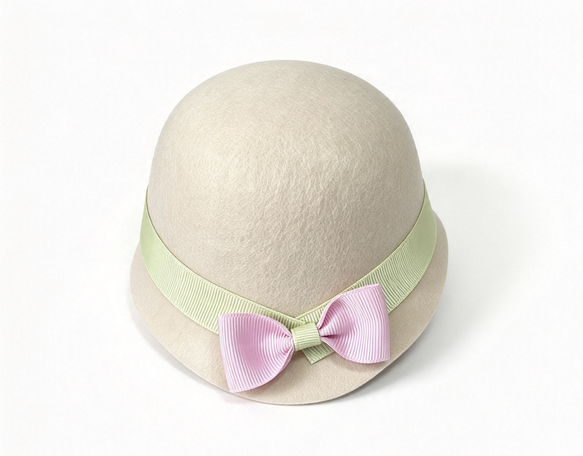 Beige Wool Cloche Hat With Green Ribbon & Pink Bow FOR 18'' Doll Accessory