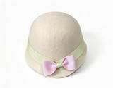 Beige Wool Cloche Hat With Green Ribbon & Pink Bow FOR 18'' Doll Accessory