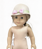 Beige Wool Cloche Hat With Green Ribbon & Pink Bow FOR 18'' Doll Accessory