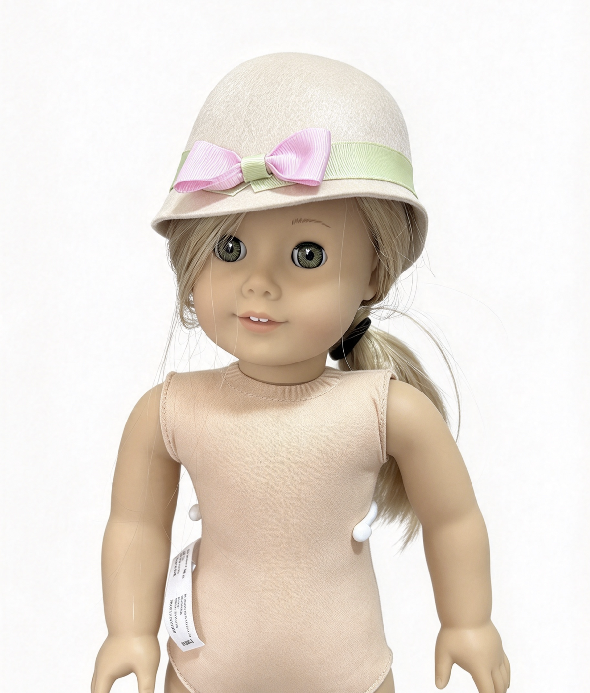 Beige Wool Cloche Hat With Green Ribbon & Pink Bow FOR 18'' Doll Accessory