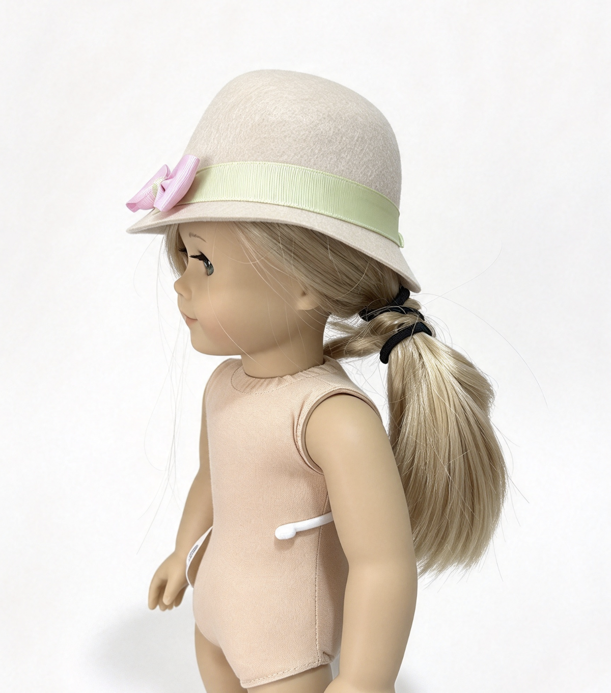 Beige Wool Cloche Hat With Green Ribbon & Pink Bow FOR 18'' Doll Accessory