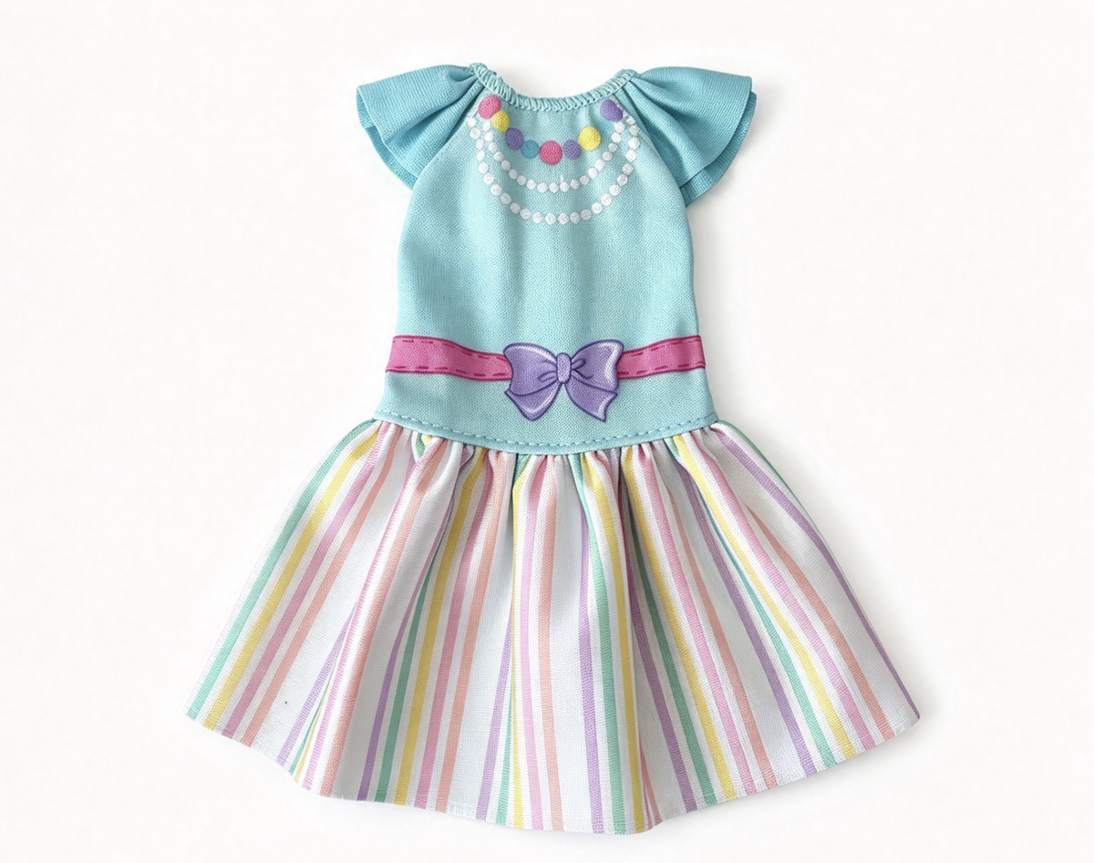 Light Blue Rainbow Stripe Bow Dress Fits 12'' Doll Clothes Outfit