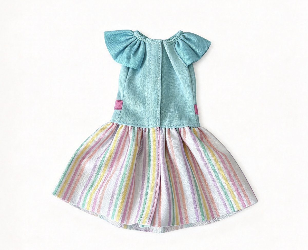 Light Blue Rainbow Stripe Bow Dress Fits 12'' Doll Clothes Outfit