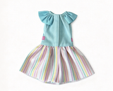 Light Blue Rainbow Stripe Bow Dress Fits 12'' Doll Clothes Outfit
