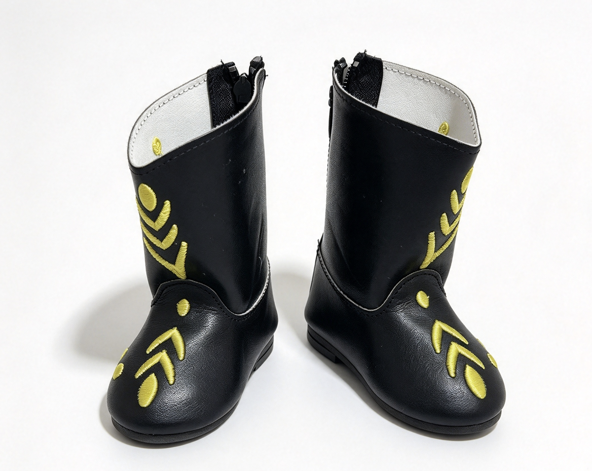 Black Cowboy Boots With Yellow Embroidery FOR 18'' DOLL Shoes