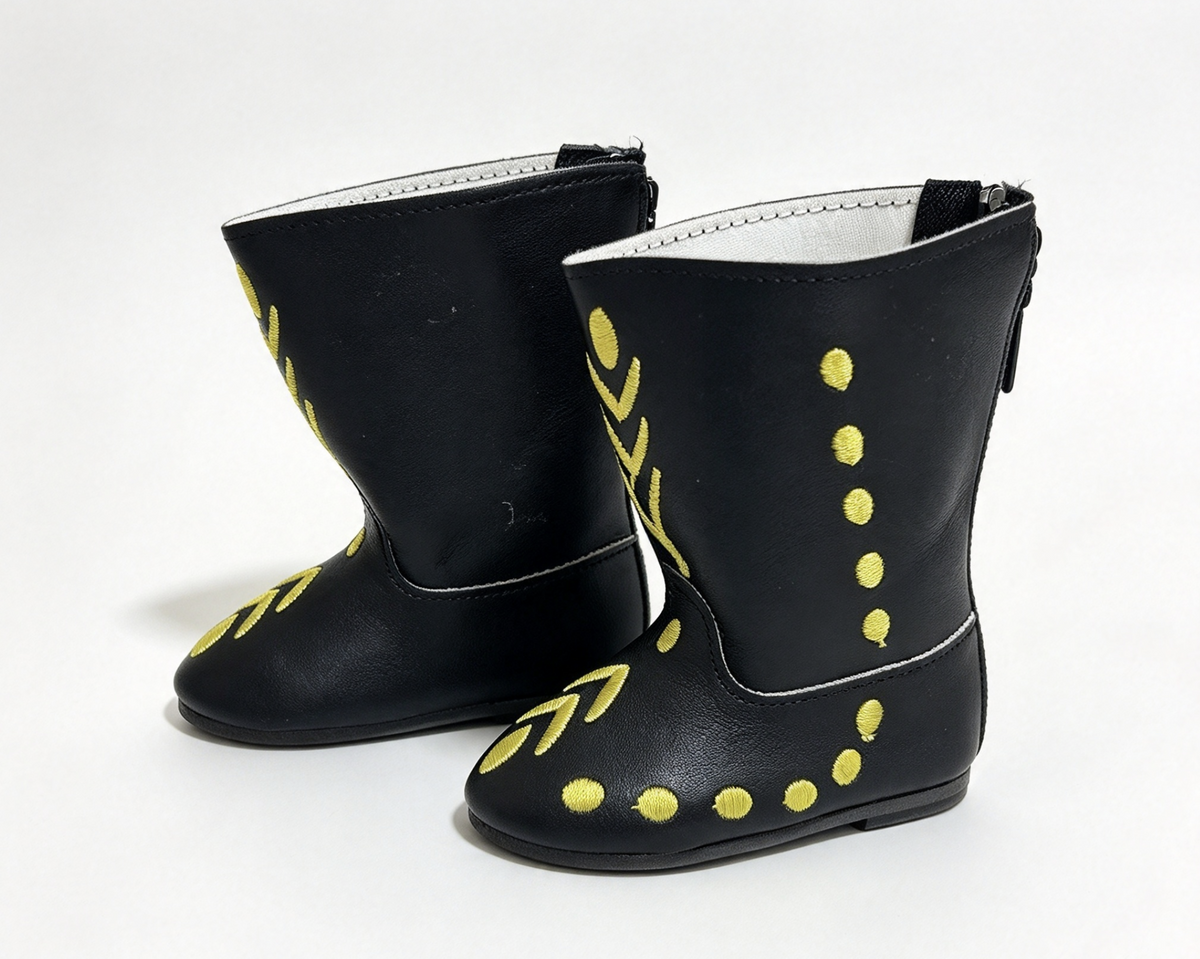 Black Cowboy Boots With Yellow Embroidery FOR 18'' DOLL Shoes