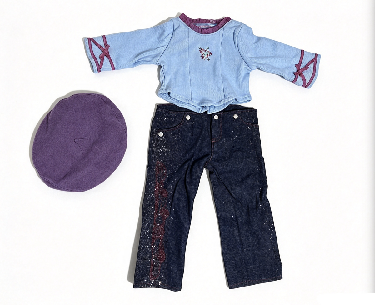Blue Top & Glitter Jeans & Purple Beret Hat Outfit FOR 18'' DOLL