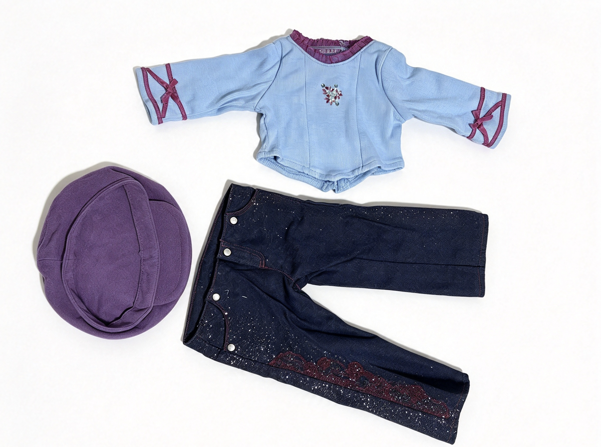 Blue Top & Glitter Jeans & Purple Beret Hat Outfit FOR 18'' DOLL