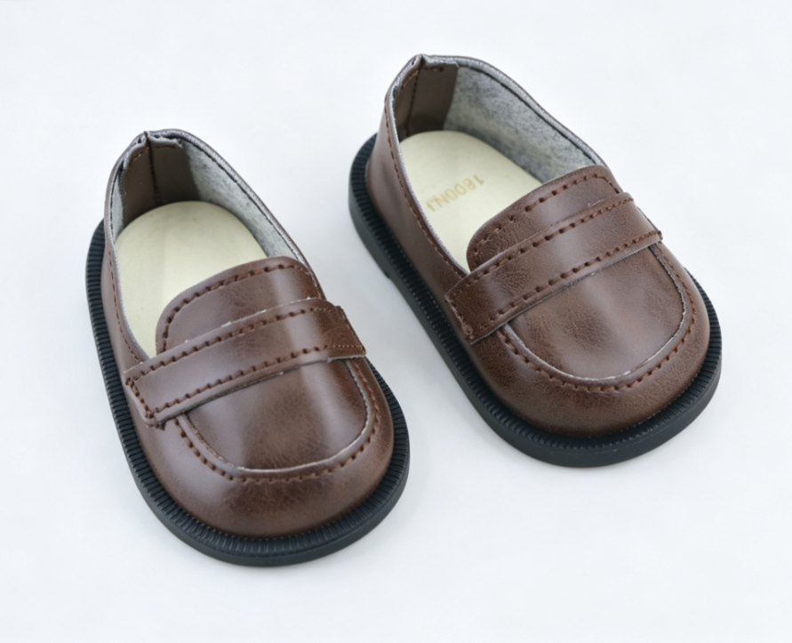 Brown Faux Leather Loafer Dress Shoes for 18 Inch Boy Doll | Formal Festive Outfit Mini Footwear Accessory